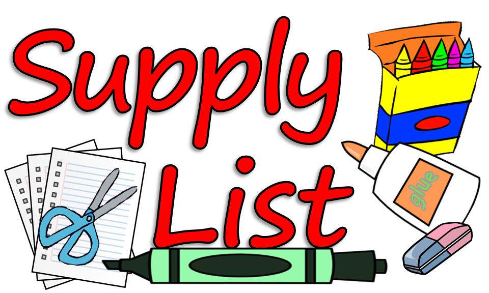 Supply List in red letters with pictures of school supplies around it