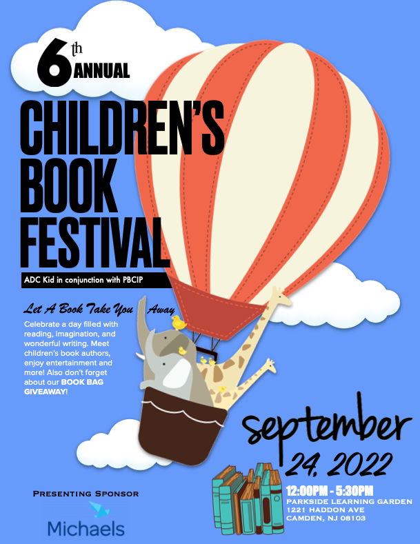 redand white stripe hot air balloon with book festival information on it