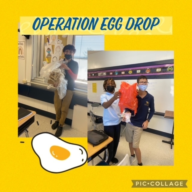operation egg drop winners yellow background two pictures of students holding egg drop 