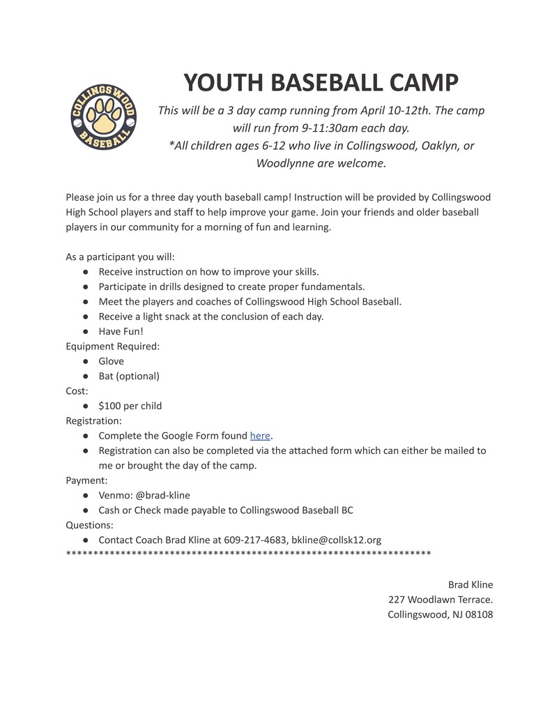 Youth baseball camp information flyer