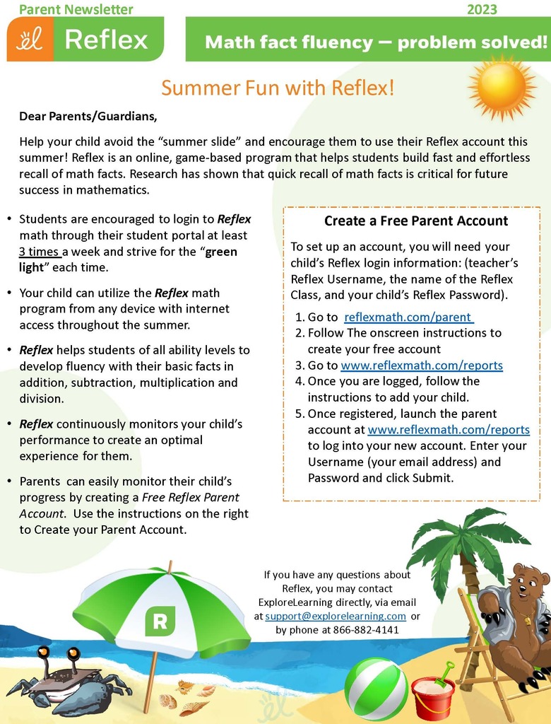 Summer fun with Reflex math flyer on how to access account in the summer