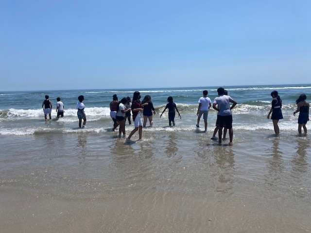 Students wading in the ocean